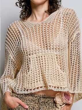 POL Cream Open-Knit Crochet Crop Top